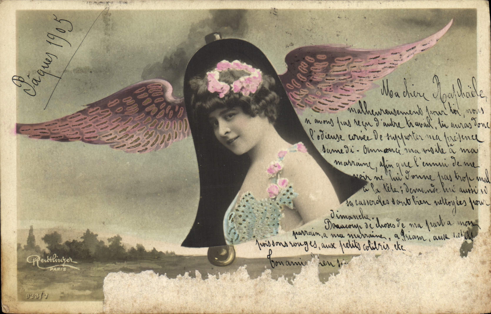 VINTAGE POSTCARD Fantasy Woman Wings Bell