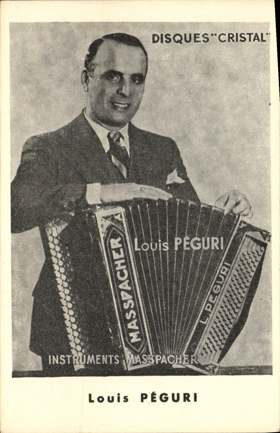 Acordión cristalino de Louis Peguri de los discos de la música de Masspacher de la POSTAL de la VENDIMIA