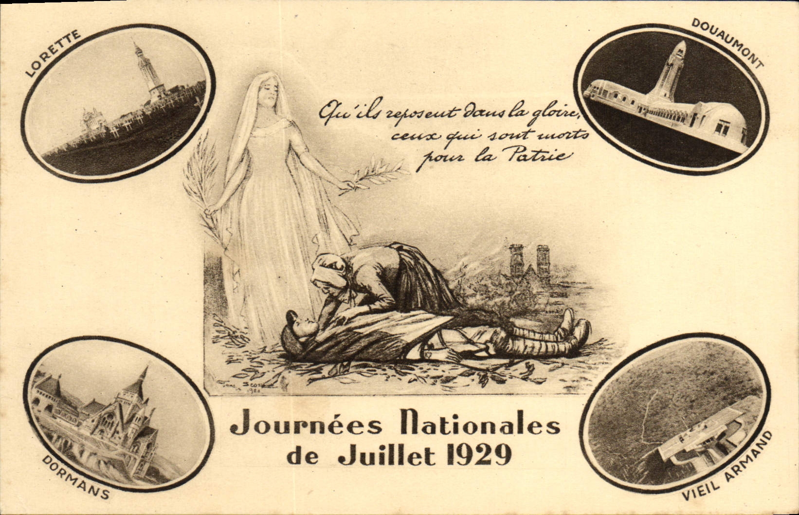 CPA Fantaisie Journees nationales Juillet 1929 Lorette Dormans Douaumont Vieil Armand Militaria