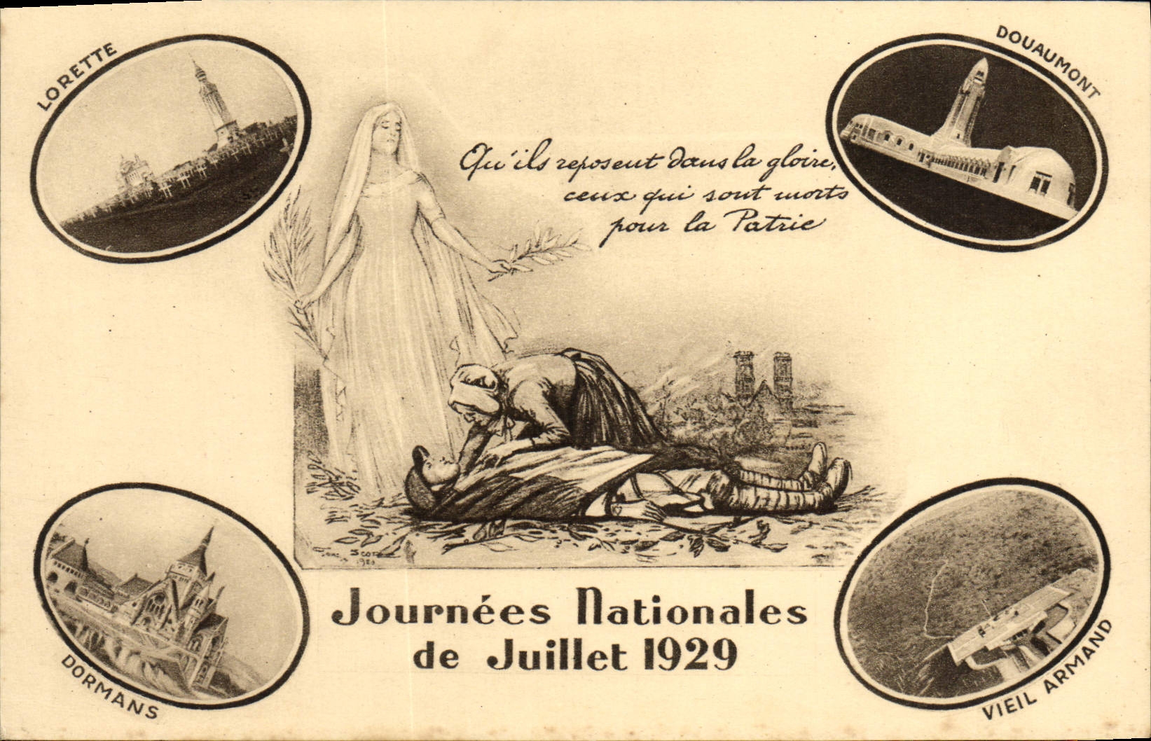 CPA Fantaisie Journees nationales Juillet 1929 Lorette Dormans Douaumont Vieil Armand Militaria