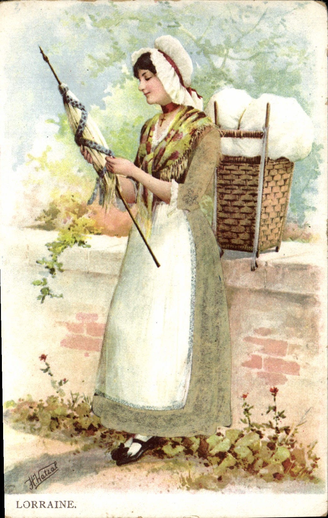 VINTAGE POSTCARD Fantasy Lorraine Woman Ropemaking machine