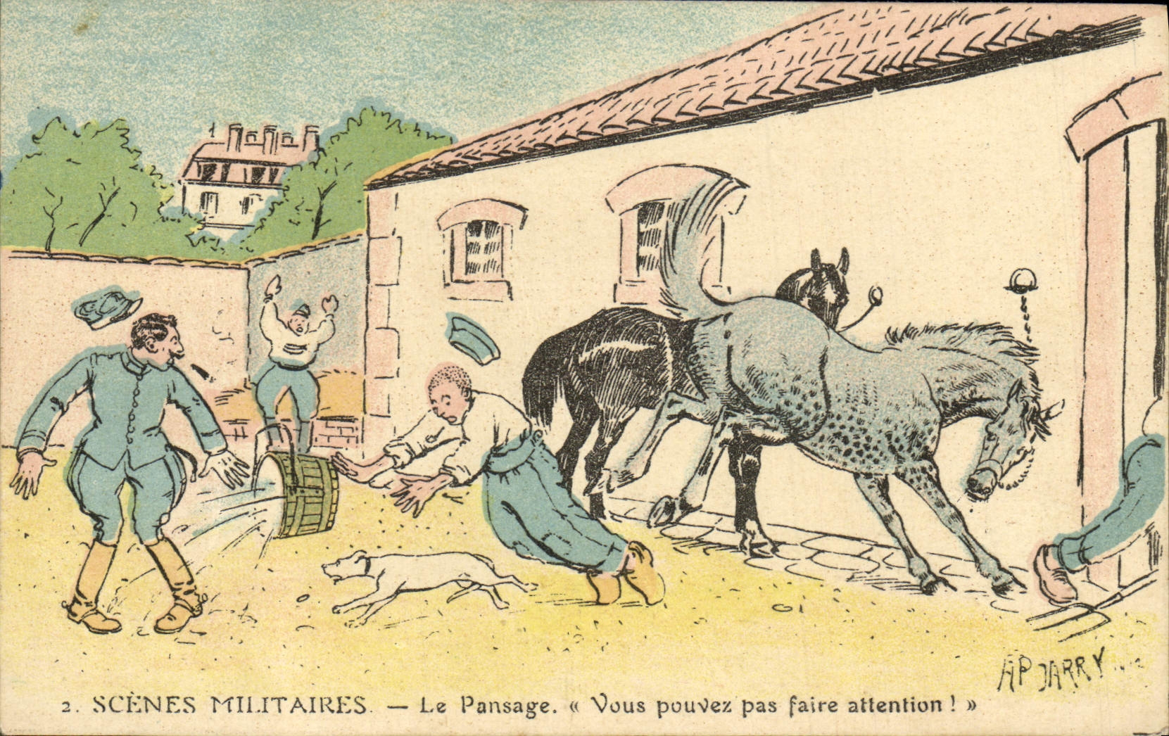 CPA Fantaisie Scenes militaires Le pansage Chevaux Jarry