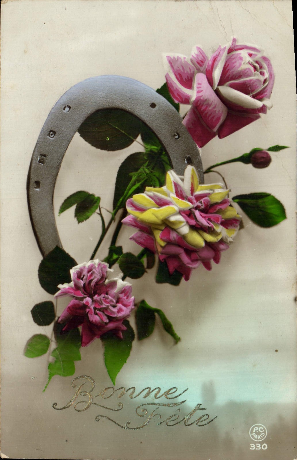 CPA Fantaisie Fleurs Fer a cheval