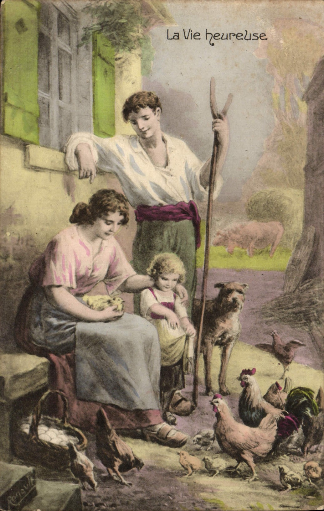 VINTAGE POSTCARD Fantasy Woman happy life Dog Hens