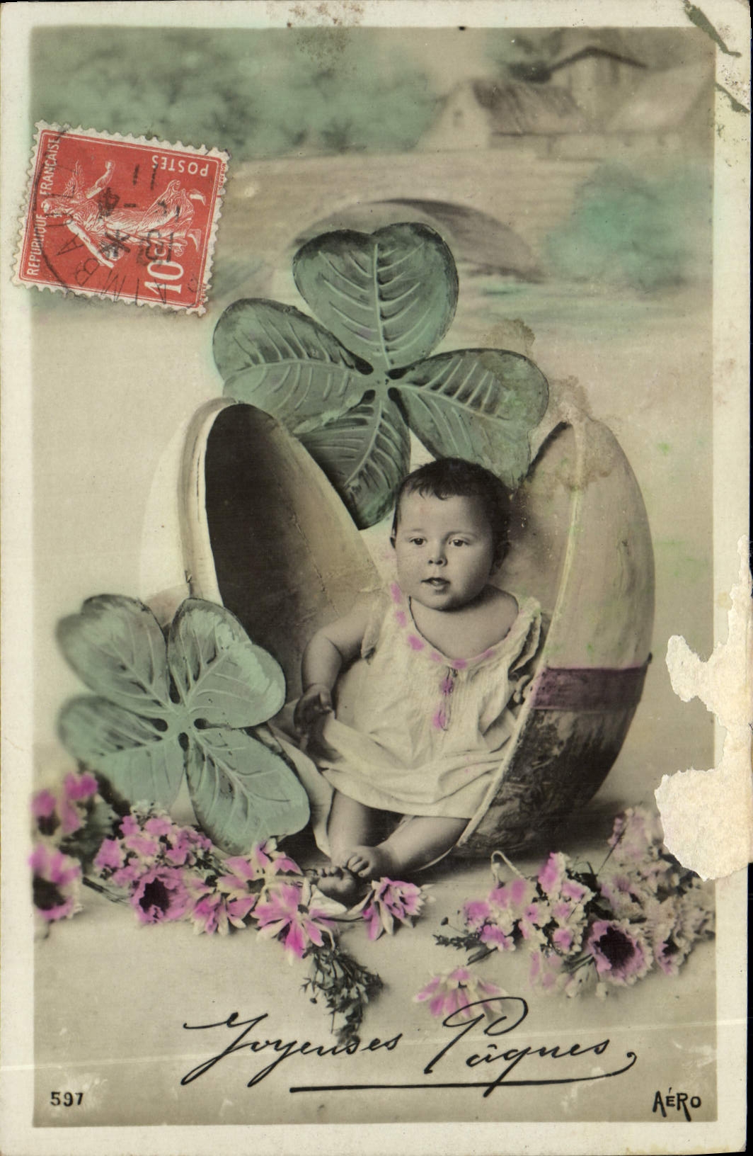 VINTAGE POSTCARD Fantasy Child Baby Clover