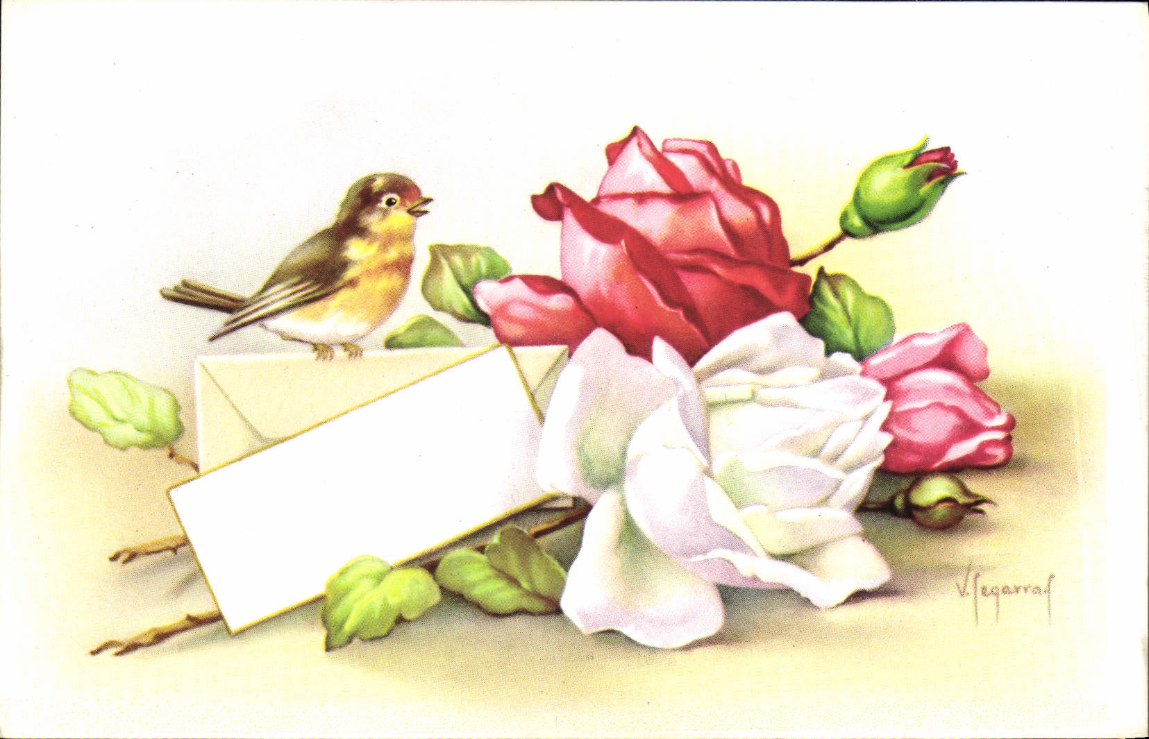 CPA Fantaisie Fleurs Oiseau