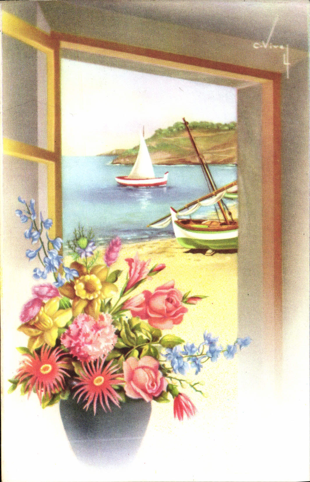 CPA Fantaisie Fleurs Bateau