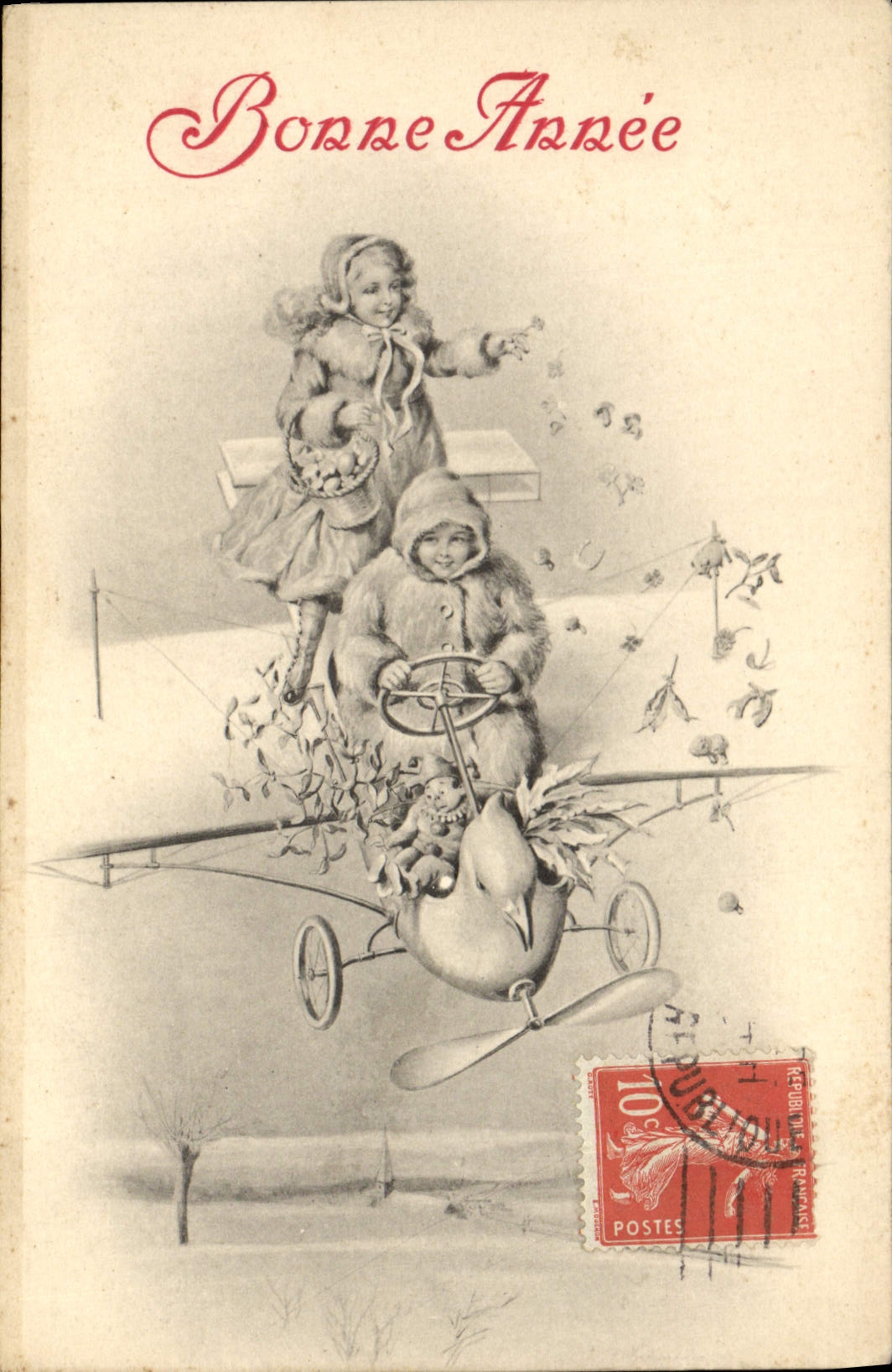 CPA Bonne Annee Enfants Avion 