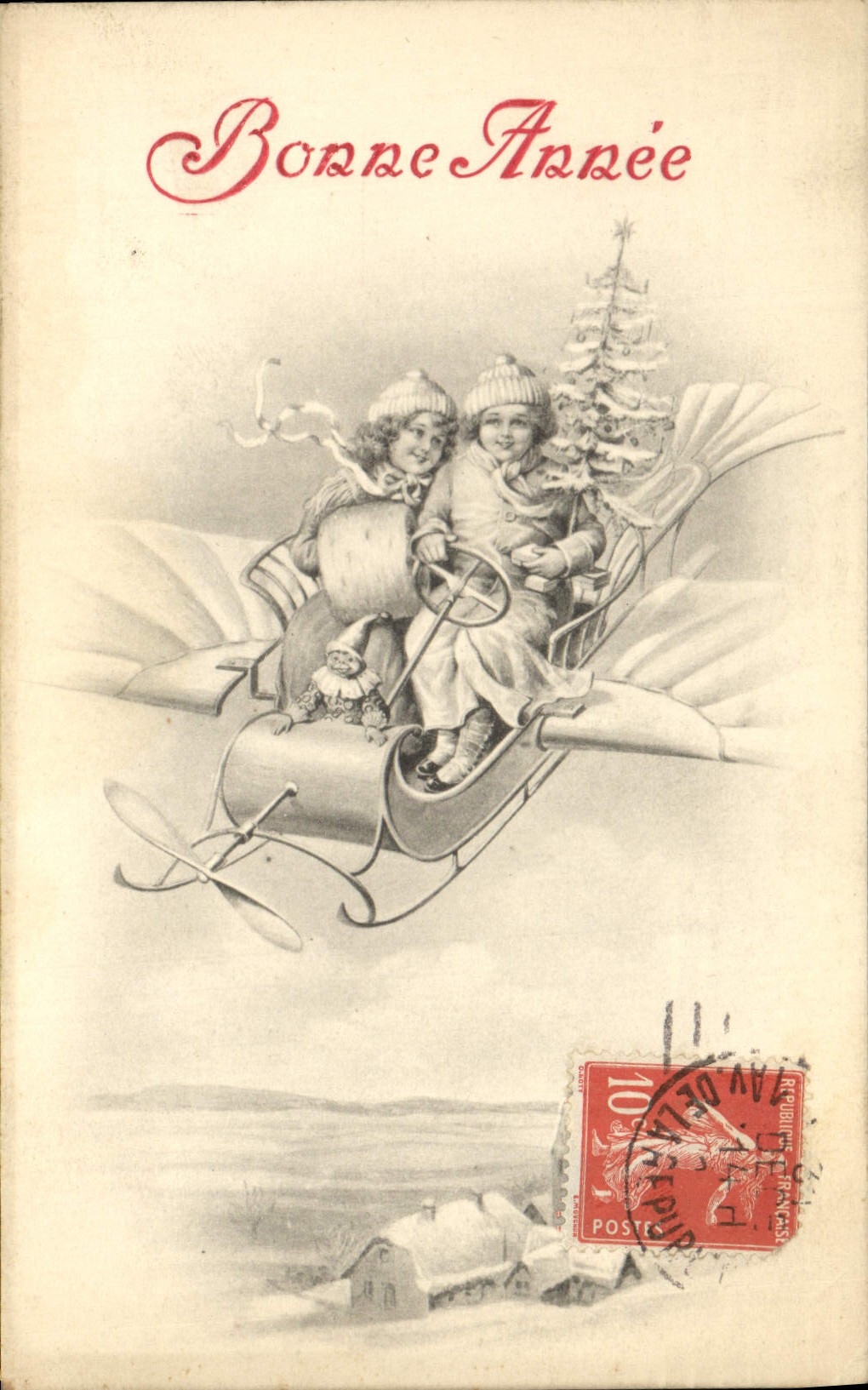 CPA Bonne Annee Enfants Avion