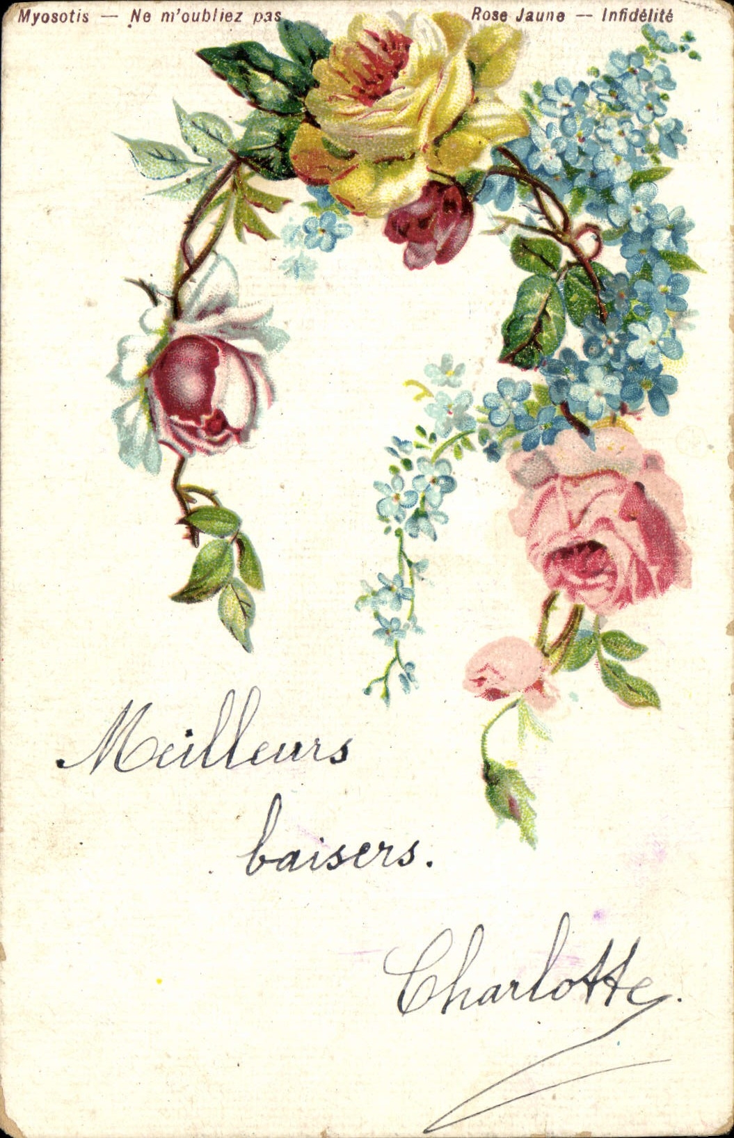 CPA Myosotis Ne m'oubliez pas Rose Jaune Infidelite Fleurs 