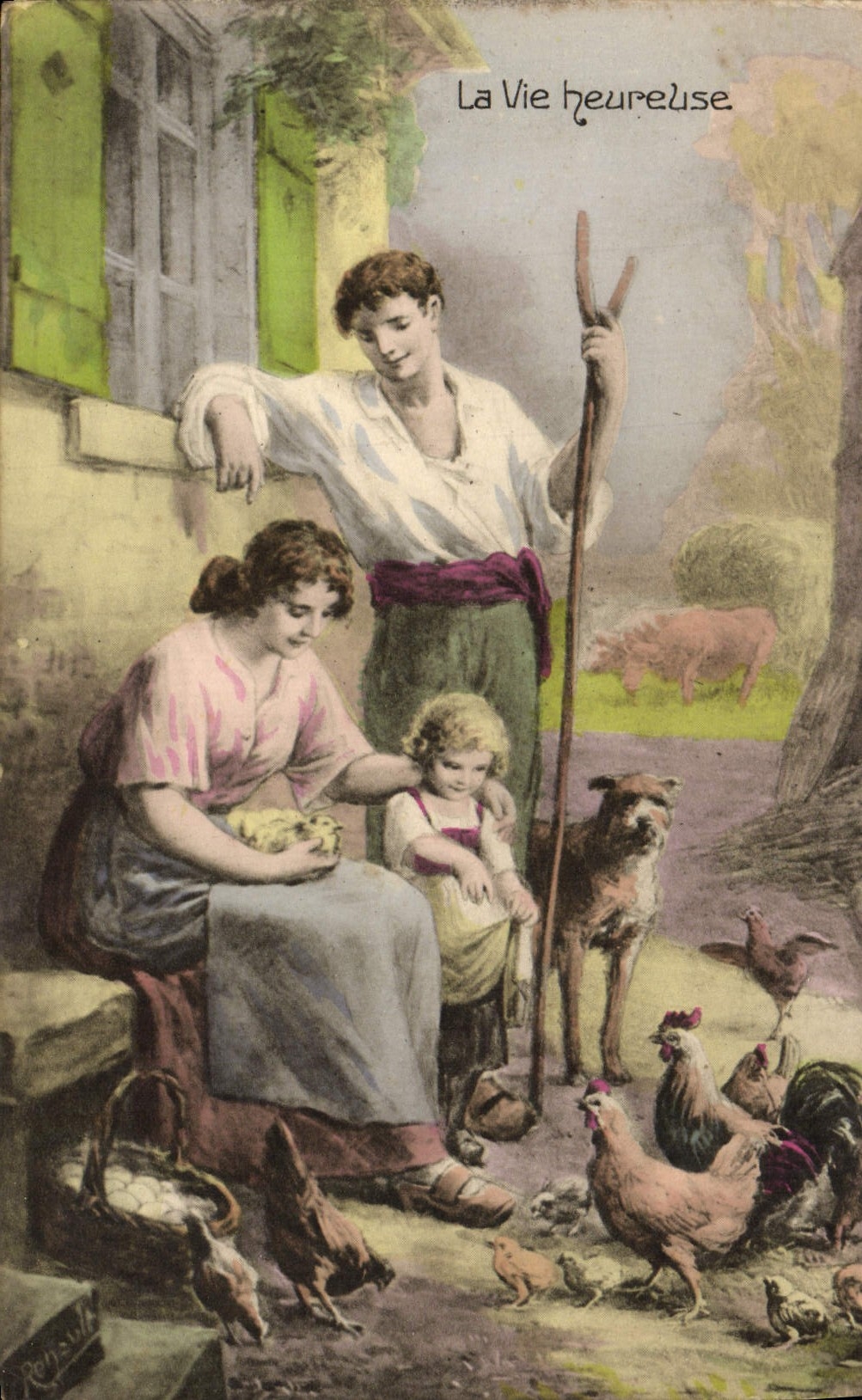 VINTAGE POSTCARD Fantasy happy life Dog Hens Pig