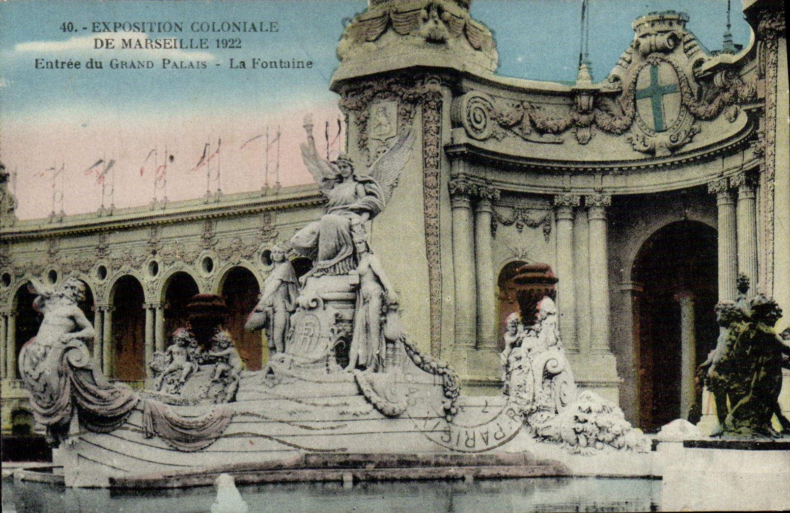 VINTAGE POSTCARD Fair Colonial Of Marseilles Paris 1922 Entry of the large palace the fountain