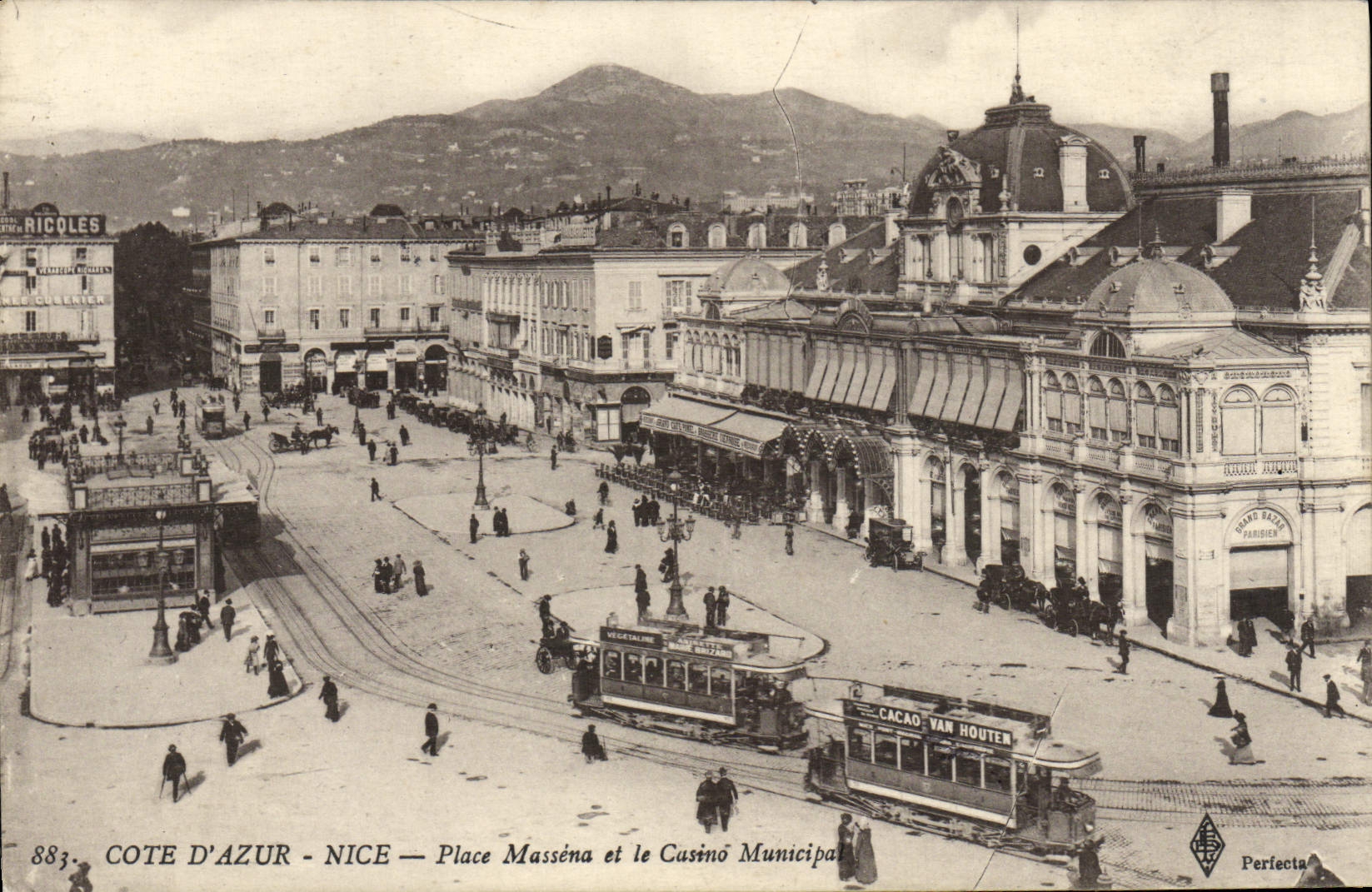Lugares Massena de la POSTAL de la VENDIMIA Niza y las tranvías del casino