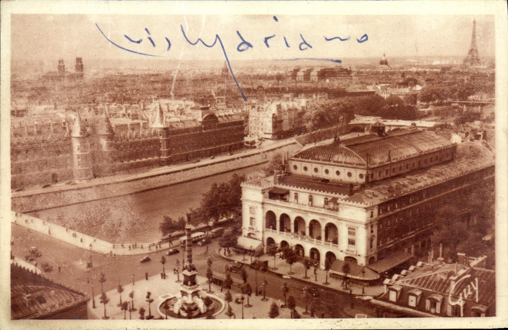 POSTAL París de la VENDIMIA y su panorama de las maravillas en el lugar de Chatelet