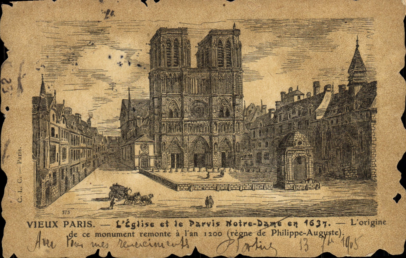 VINTAGE POSTCARD Old Paris the Church And the Notre Dame Square in 1637