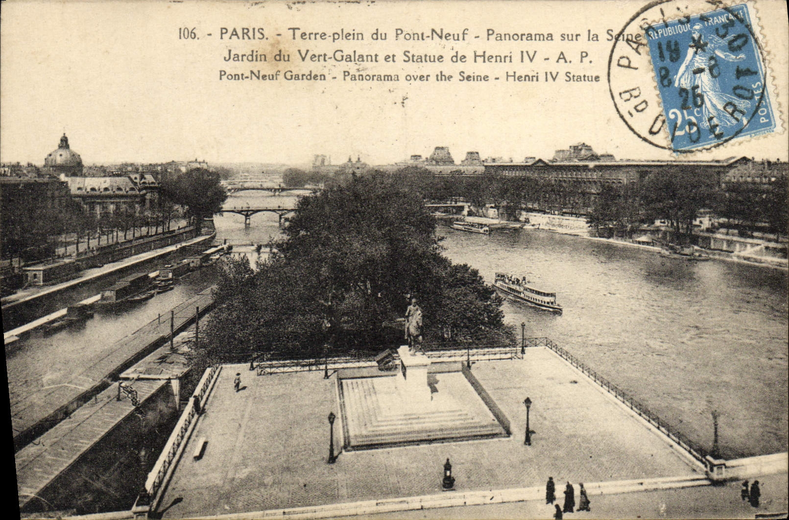 POSTAL París de la VENDIMIA de tierra por completo con el panorama de los nines del último del puente en el jardín de Seine del verde galante y estatua de Enrique IV