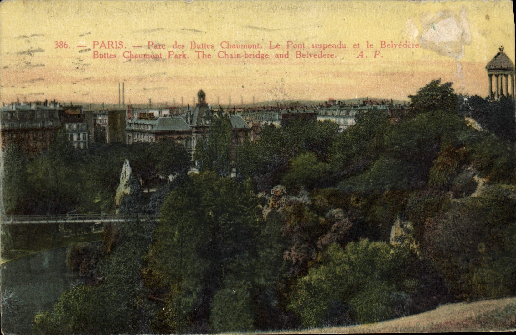 VINTAGE POSTCARD Paris Park Of the Chaumont Hillocks the Suspended bridge and the View-point