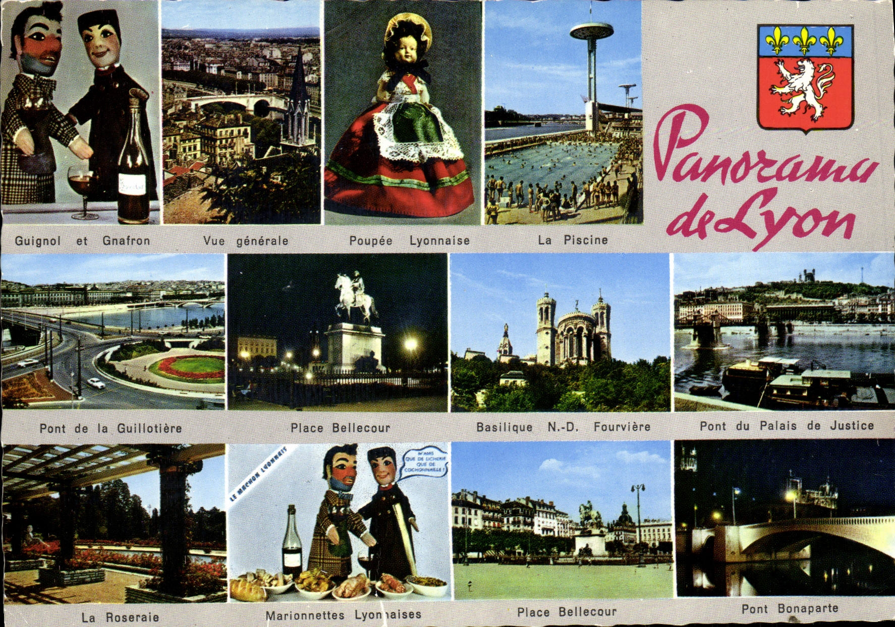 CPM Panorama De Lyon Guignol et Gnafron Poupee Piscine Belelcour Fourviere 
