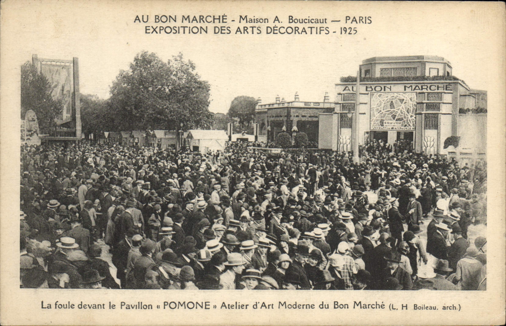 Exposición internacional de París de la POSTAL de la VENDIMIA de artes decorativos a la buena muchedumbre de la casa del mercado delante de la casa de Pomone