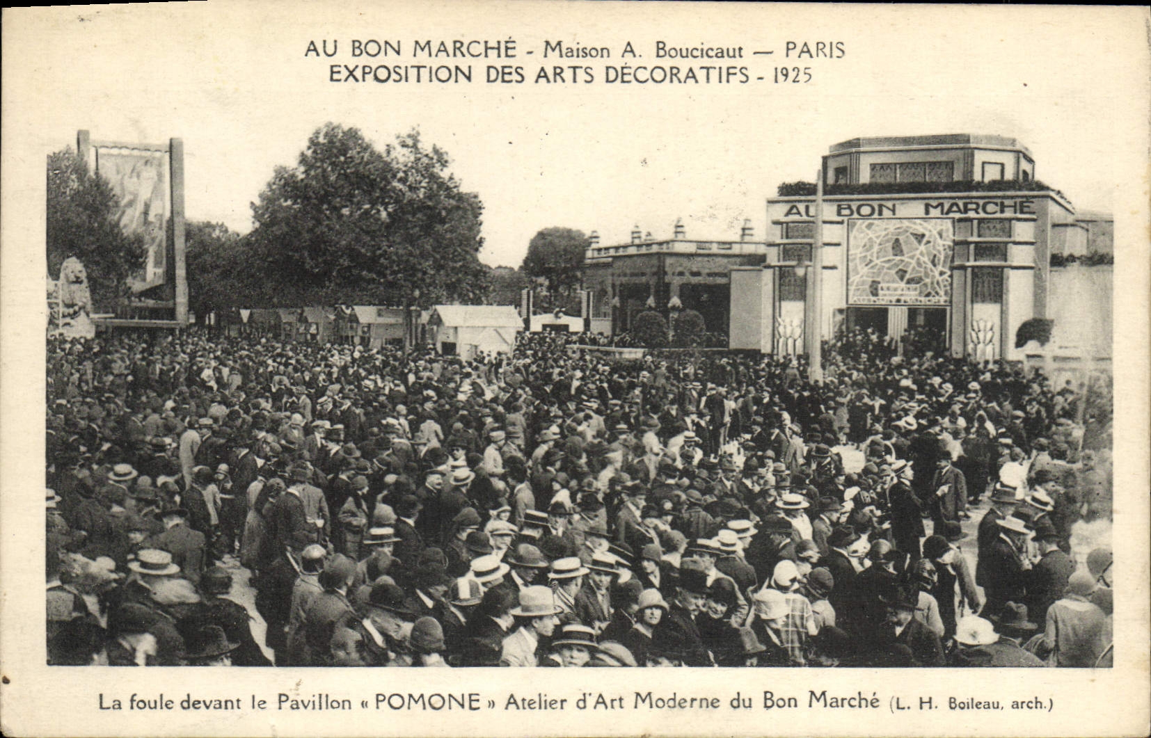 La POSTAL de la VENDIMIA con la exposición internacional de la buena del mercado casa de París de los artes decorativos 1925 ve a muchedumbre delante del pavill