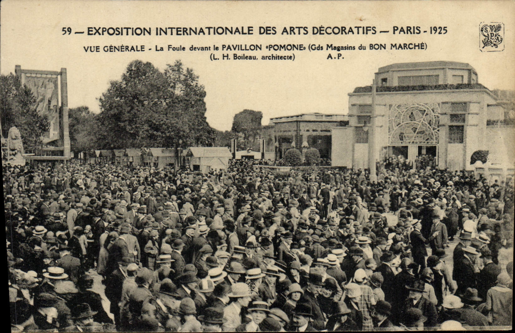 La exposición internacional de París de la POSTAL de la VENDIMIA de artes decorativos ve a muchedumbre delante de la casa de Pomone