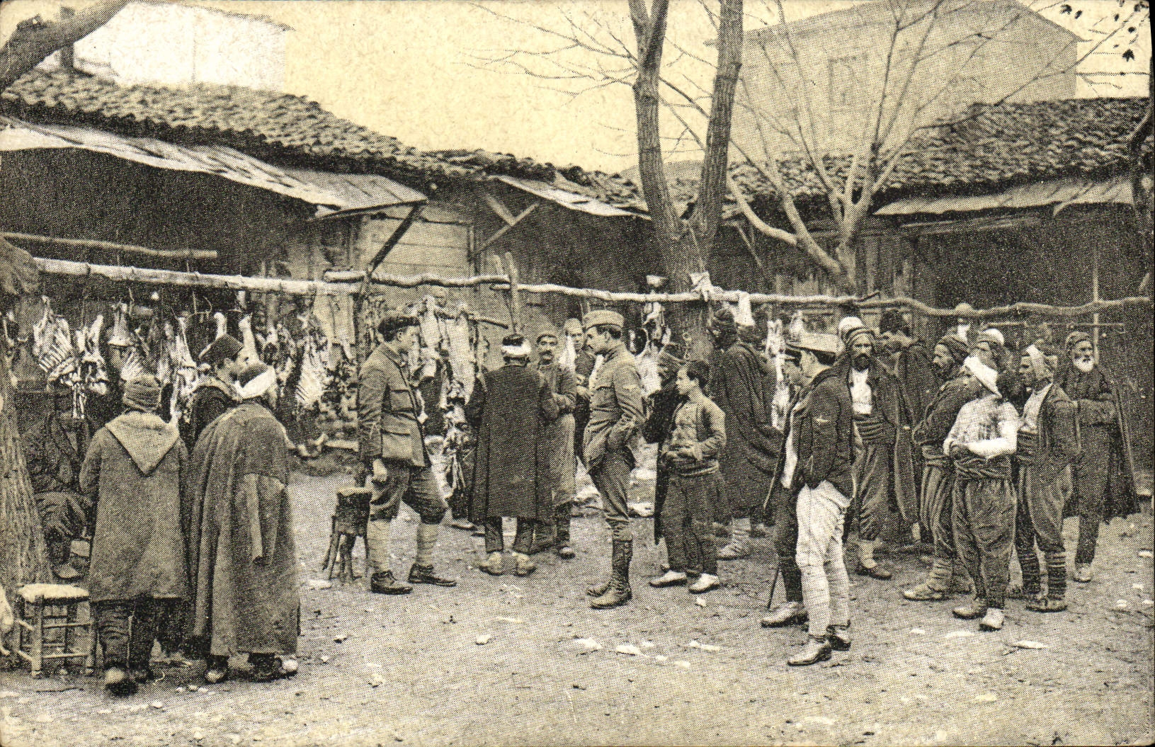 Mercado de Salonique de la POSTAL de la VENDIMIA con la TAPA de la carne