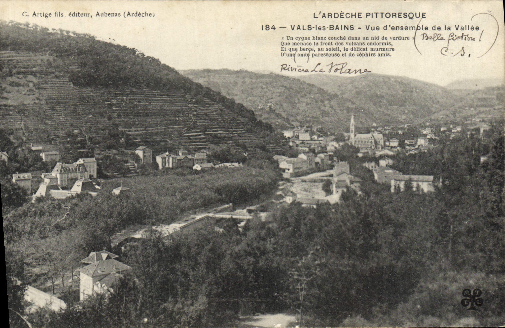 VINTAGE POSTCARD Picturesque Ardeche Valleys Les Bains Overall picture Of the Valley