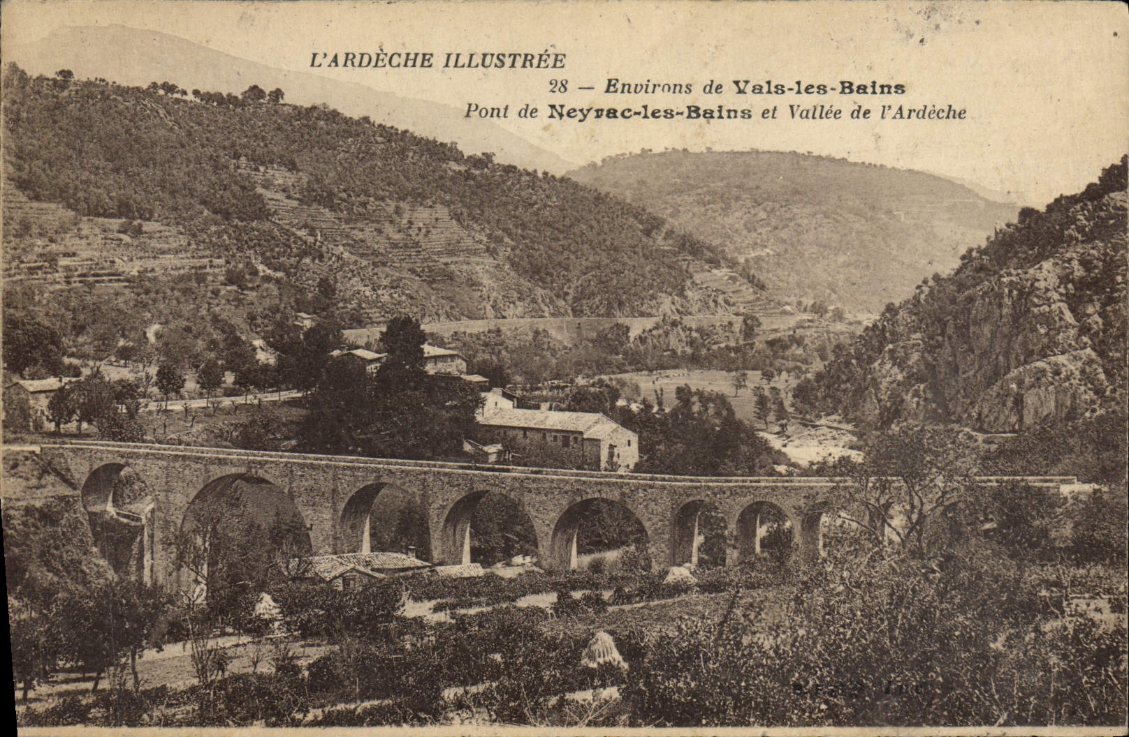 VINTAGE POSTCARD Illustrated Ardeche Surroundings Of Valleys Les Bains Bridge De Neyrac Les Bains And Valley Of Ardeche