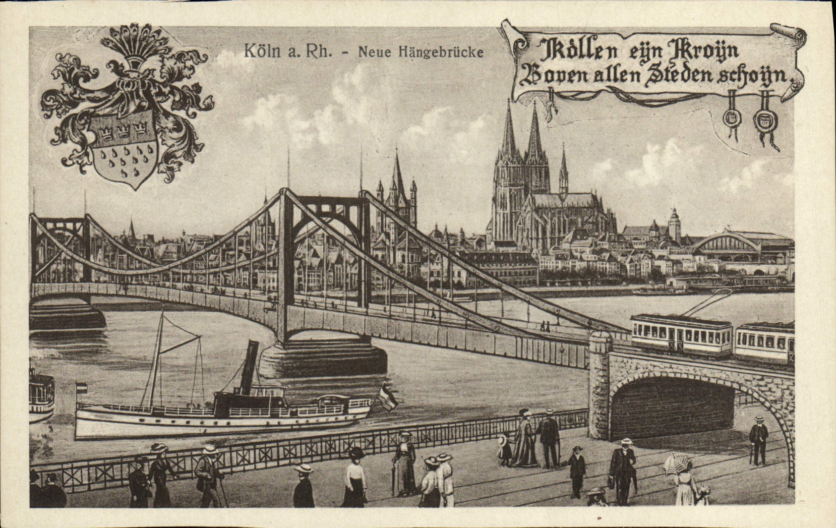 La POSTAL Koln de la VENDIMIA tiene tranvía del barco el derecho Neue Hangebrucke