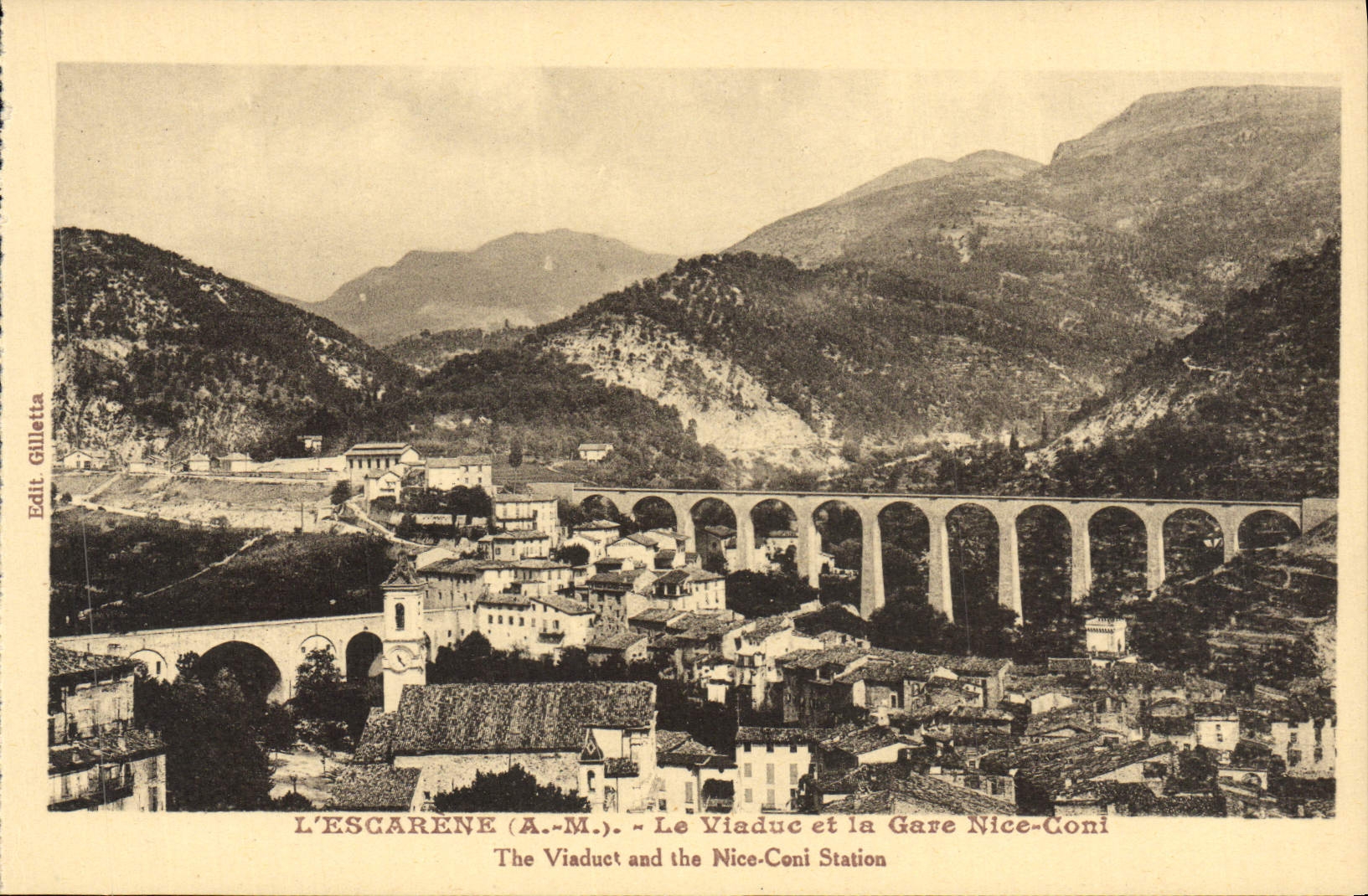 VINTAGE POSTCARD Escarene the Viaduct and Train station Nice Coni