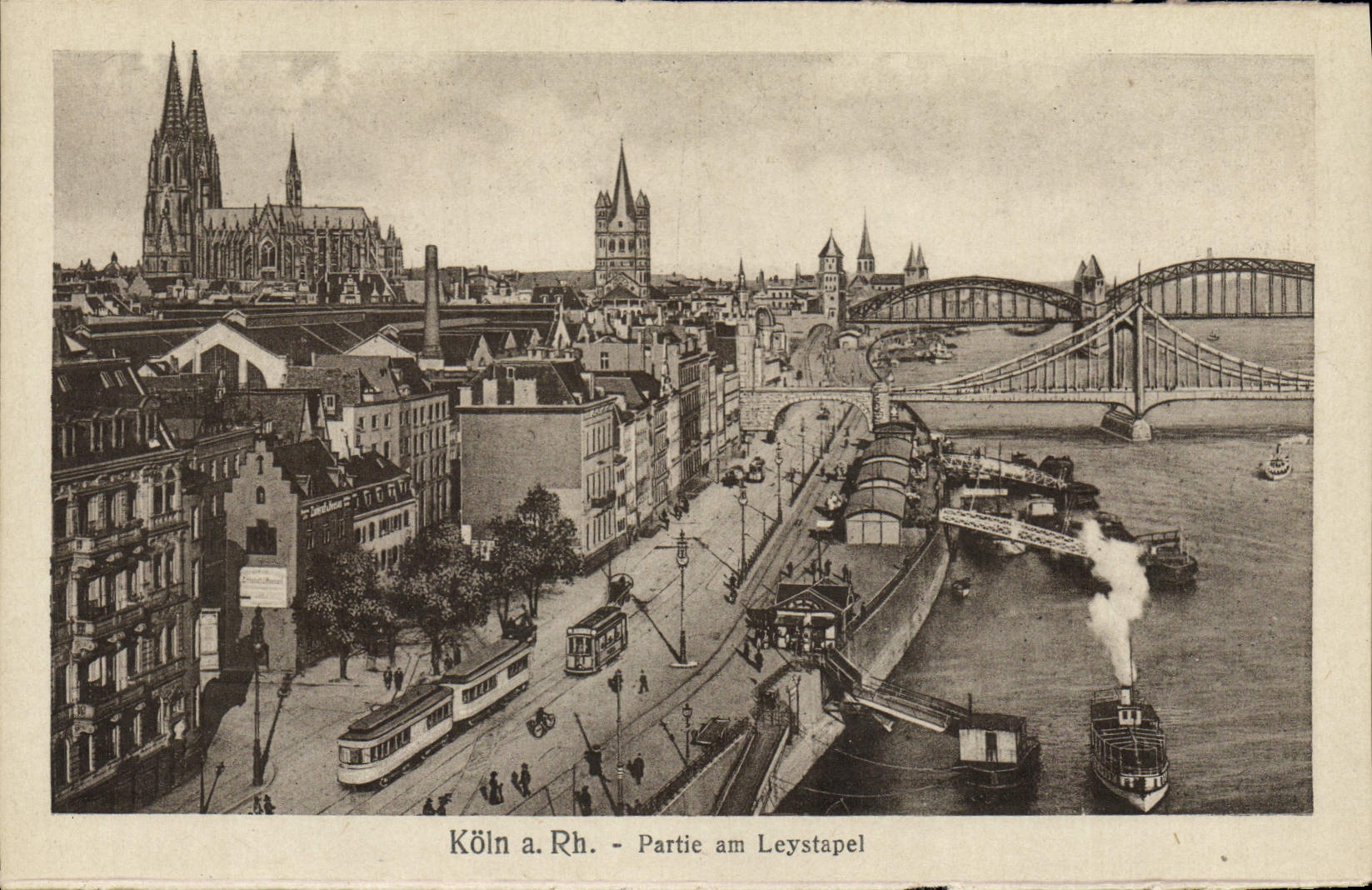 VINTAGE POSTCARD Koln has Rh Left amndt Leystapel Bateaux Trams