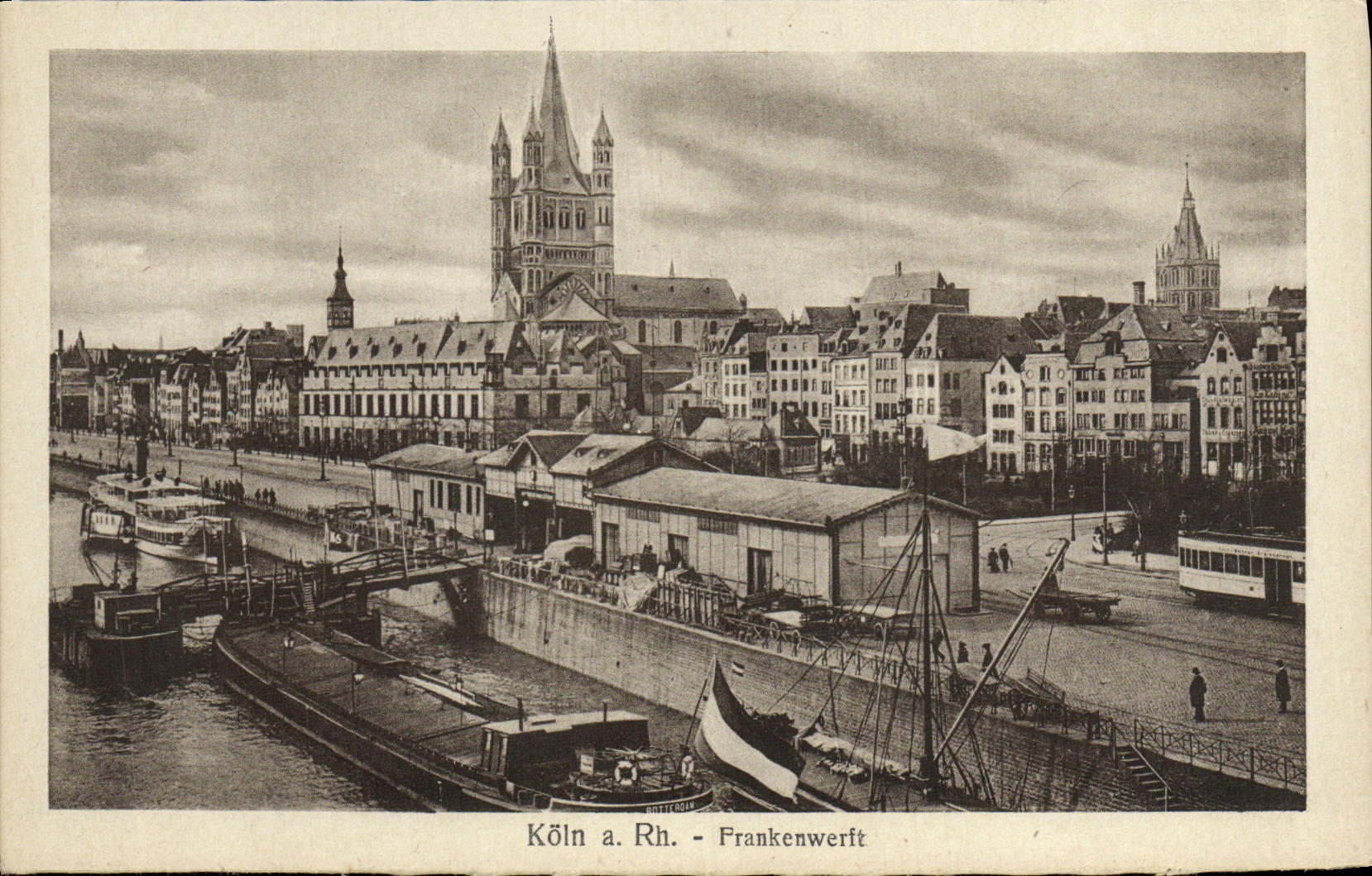 Barco el derecho Neue Frankenwerft de Koln de la POSTAL de la VENDIMIA