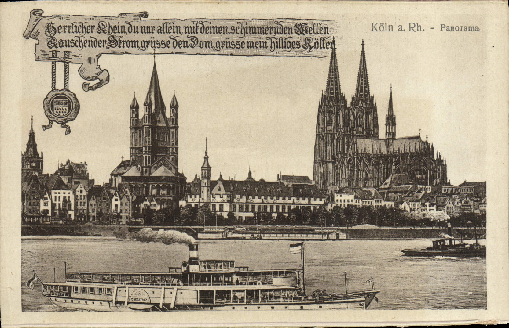 Barco del panorama de los Dom el derecho de Koln de la POSTAL de la VENDIMIA