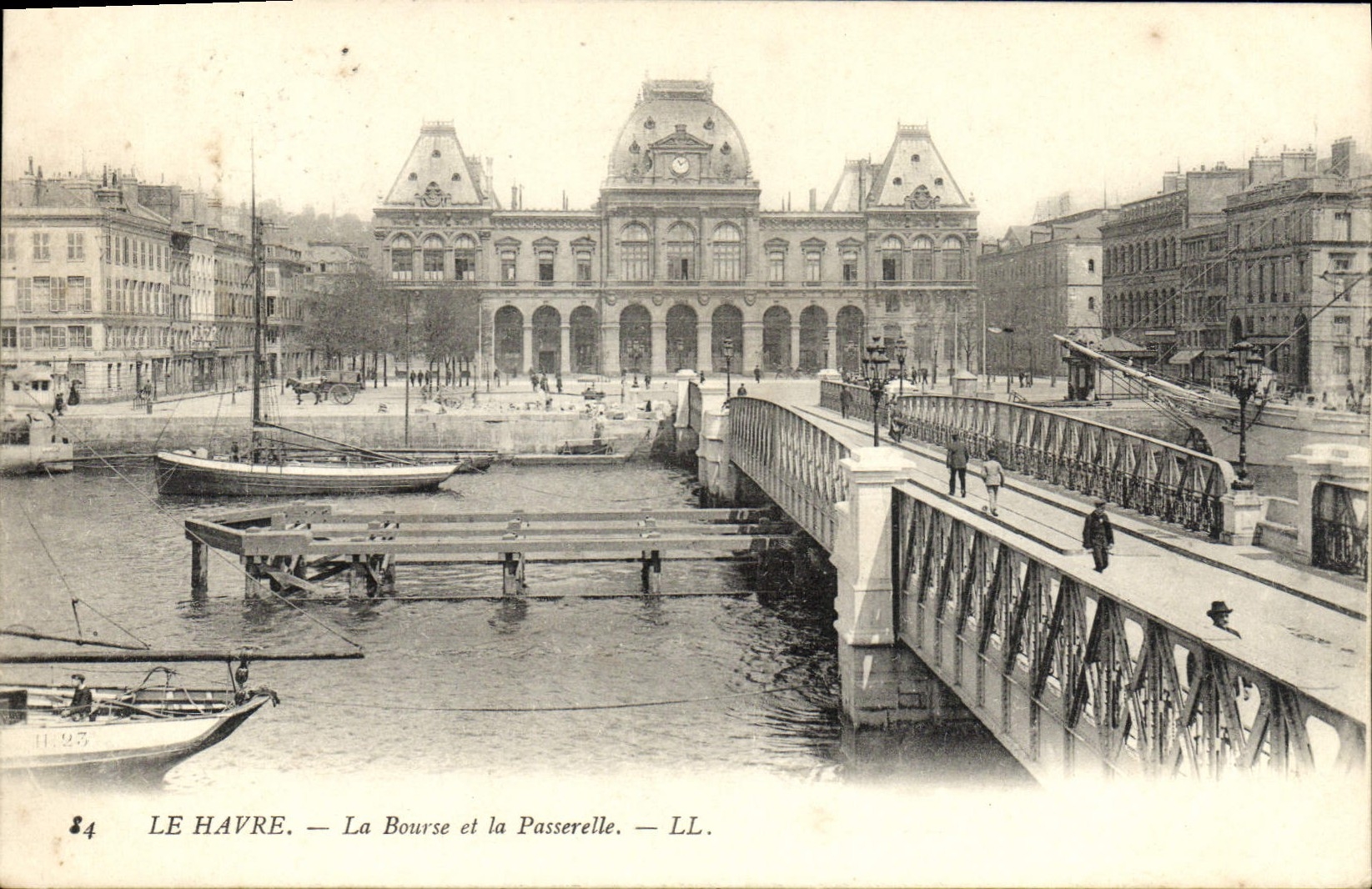 POSTAL Le Havre de la VENDIMIA la bolsa de acción y los barcos de la pasarela