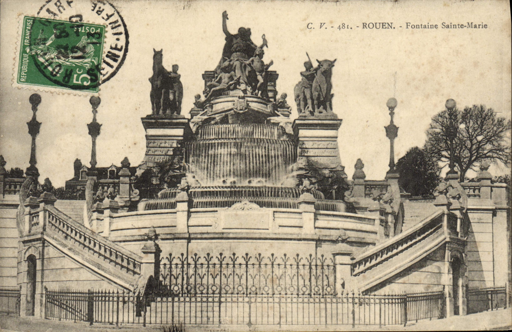 VINTAGE POSTCARD Rouen Fountain Sainte Marie Bull