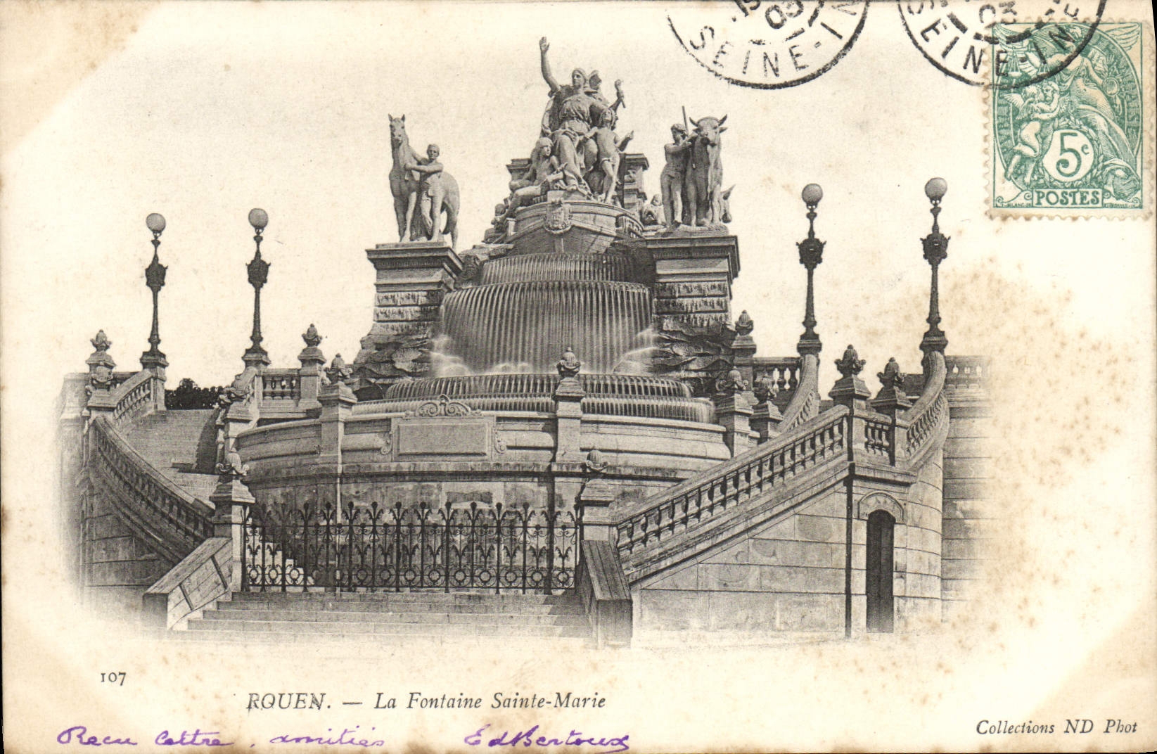 VINTAGE POSTCARD Rouen the Fountain Sainte Marie Bull