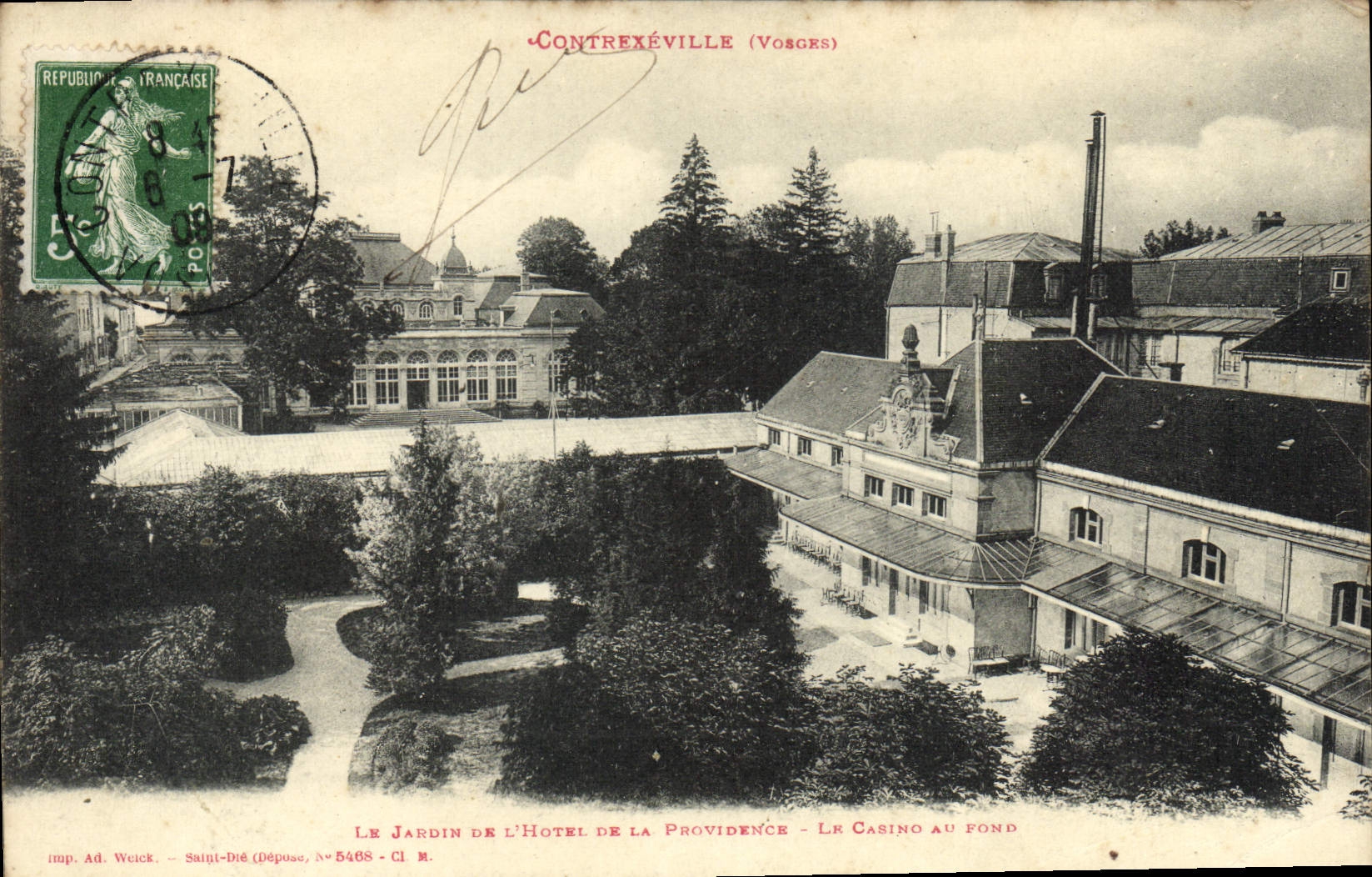POSTAL Contrexeville de la VENDIMIA el jardín del ayuntamiento de Providence el casino en la parte inferior