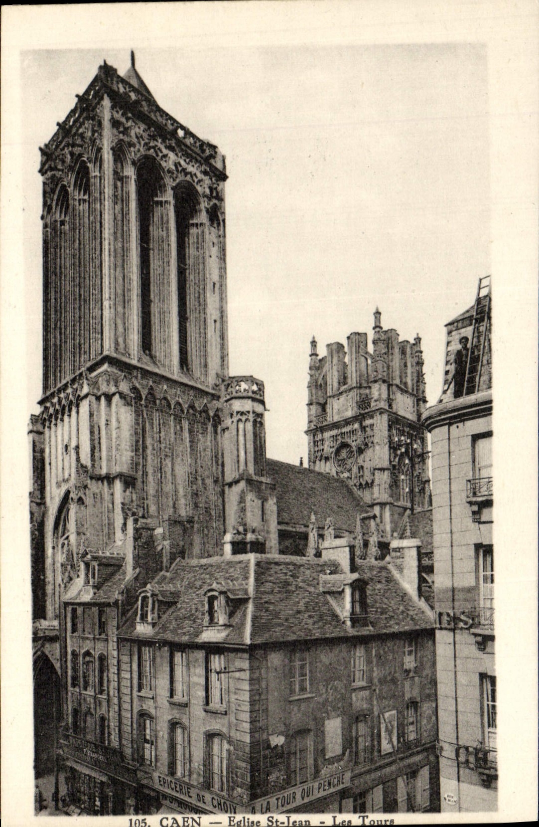 VINTAGE POSTCARD Caen Church St Jean Tours the Grocer with the tower which pecnhe
