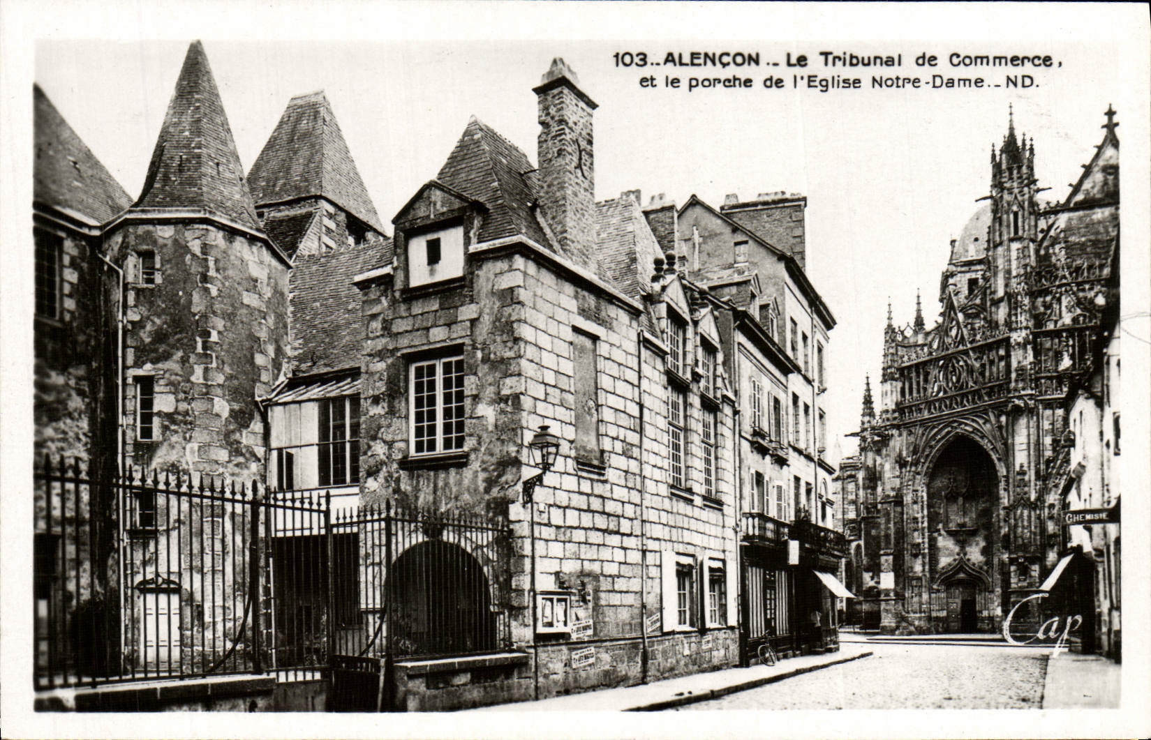 CPM Alencon Le Tribunal de Commerce et le porche de l'eglise Notre Dame