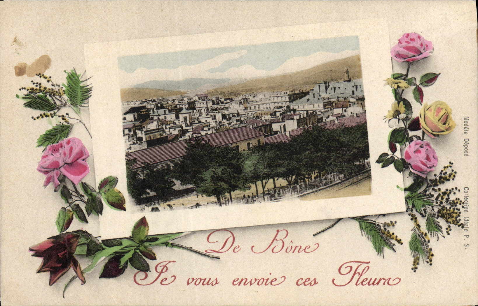 VINTAGE POSTCARD De Bone sends these flowers to You