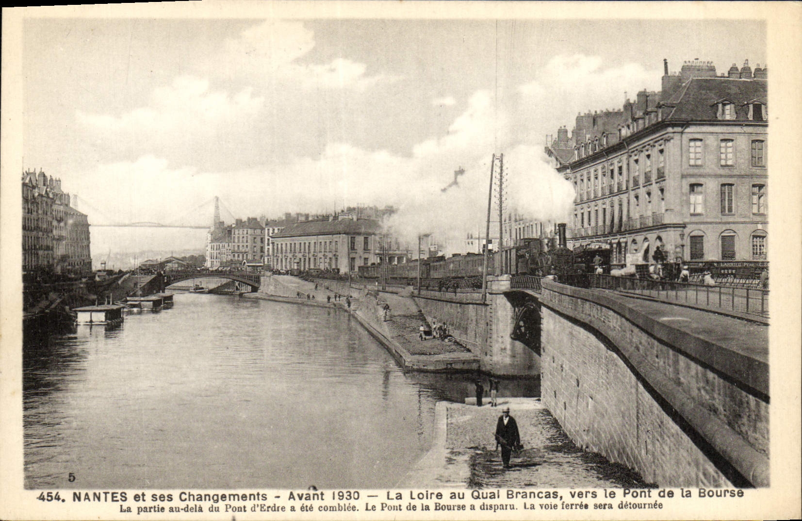 VINTAGE POSTCARD Nantes and its Chagements Before 1930 the Loire with the Brancas Quay towards the bridge of the Stock Exchange Train