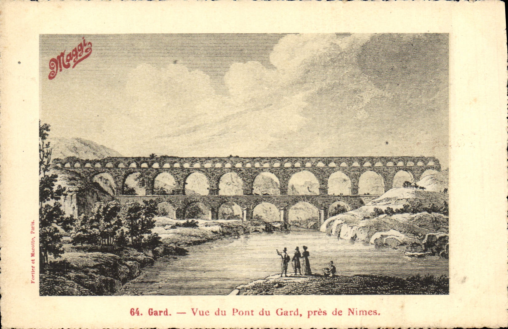 POSTAL Gard de la VENDIMIA visto del puente de Gard cerca de la publicidad de Nimes Maggi