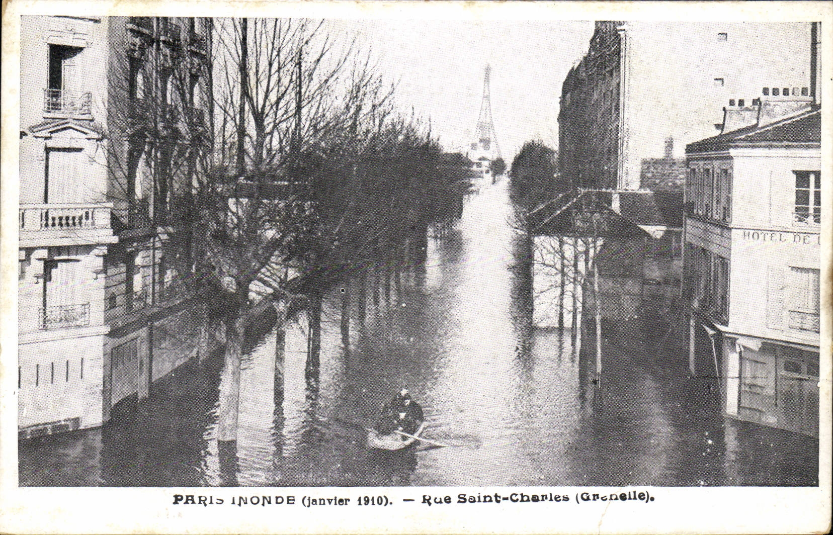 VINTAGE POSTCARD Paris Floods Street Holy Charles Grenelle Eiffel Tower