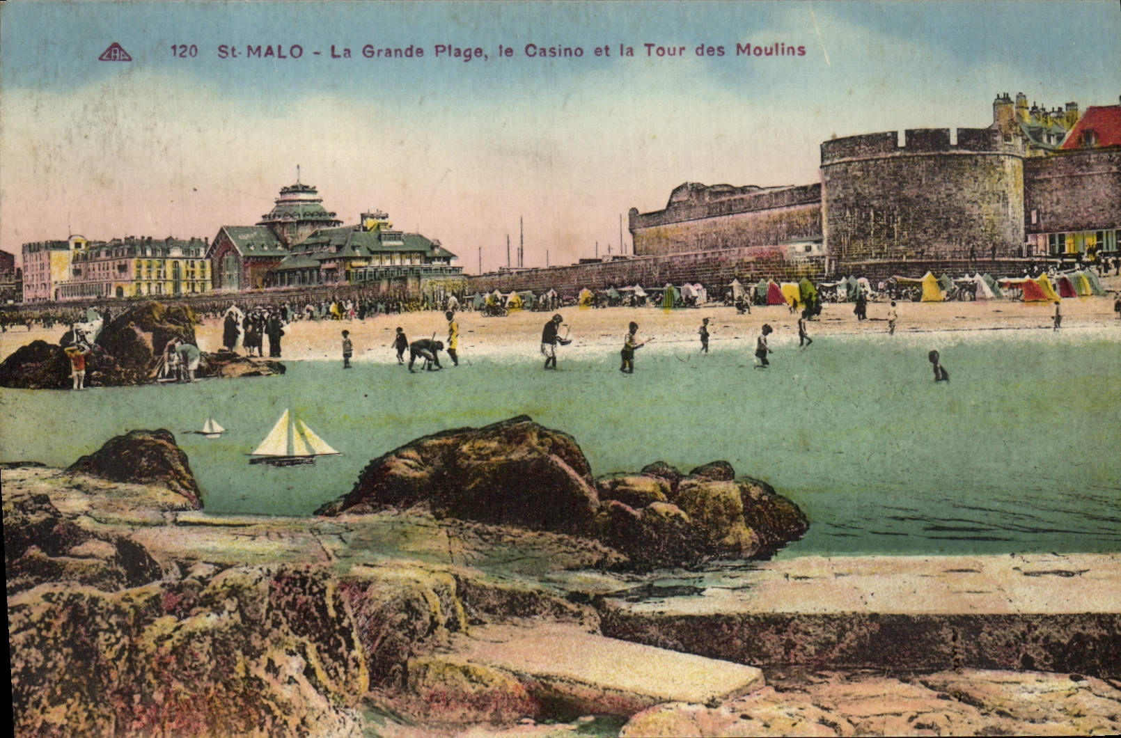 VINTAGE POSTCARD St Malo Main beach the Casino And has Tour Of Moulins