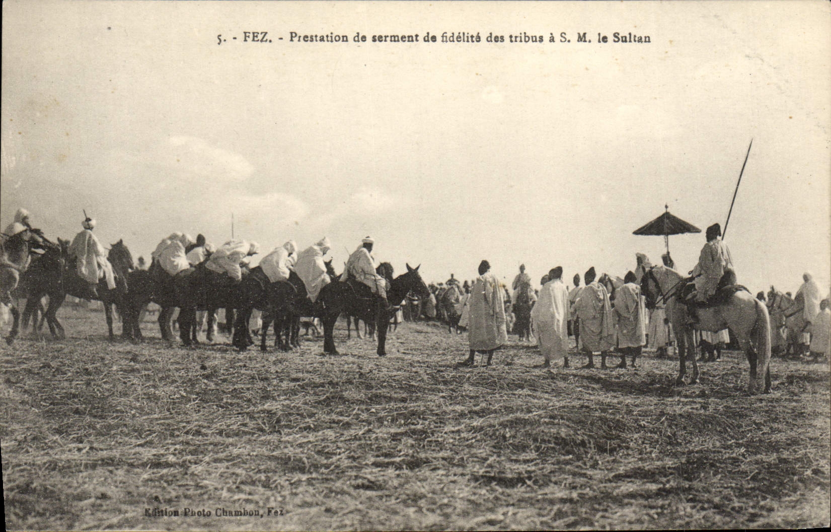 El Juramento-tomar de Fes de la POSTAL de la VENDIMIA de la fidelidad de las tribus tiene SM el sultán