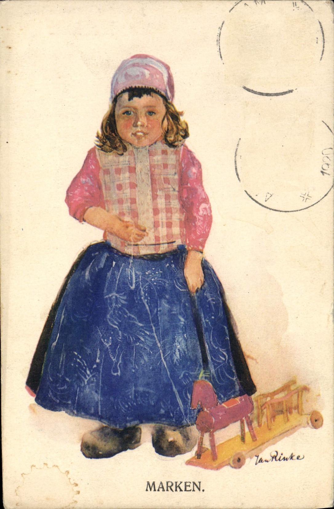 Caballo de madera del niño de Marken de la POSTAL de la VENDIMIA