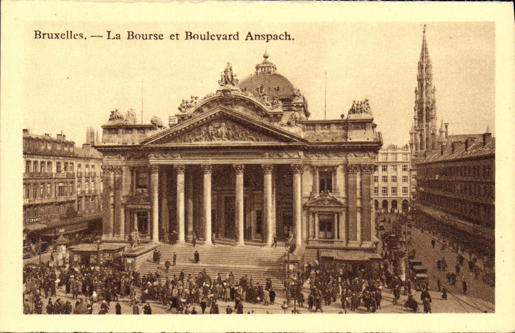 VINTAGE POSTCARD Brussels the Stock Exchange and Anspach Boulevard
