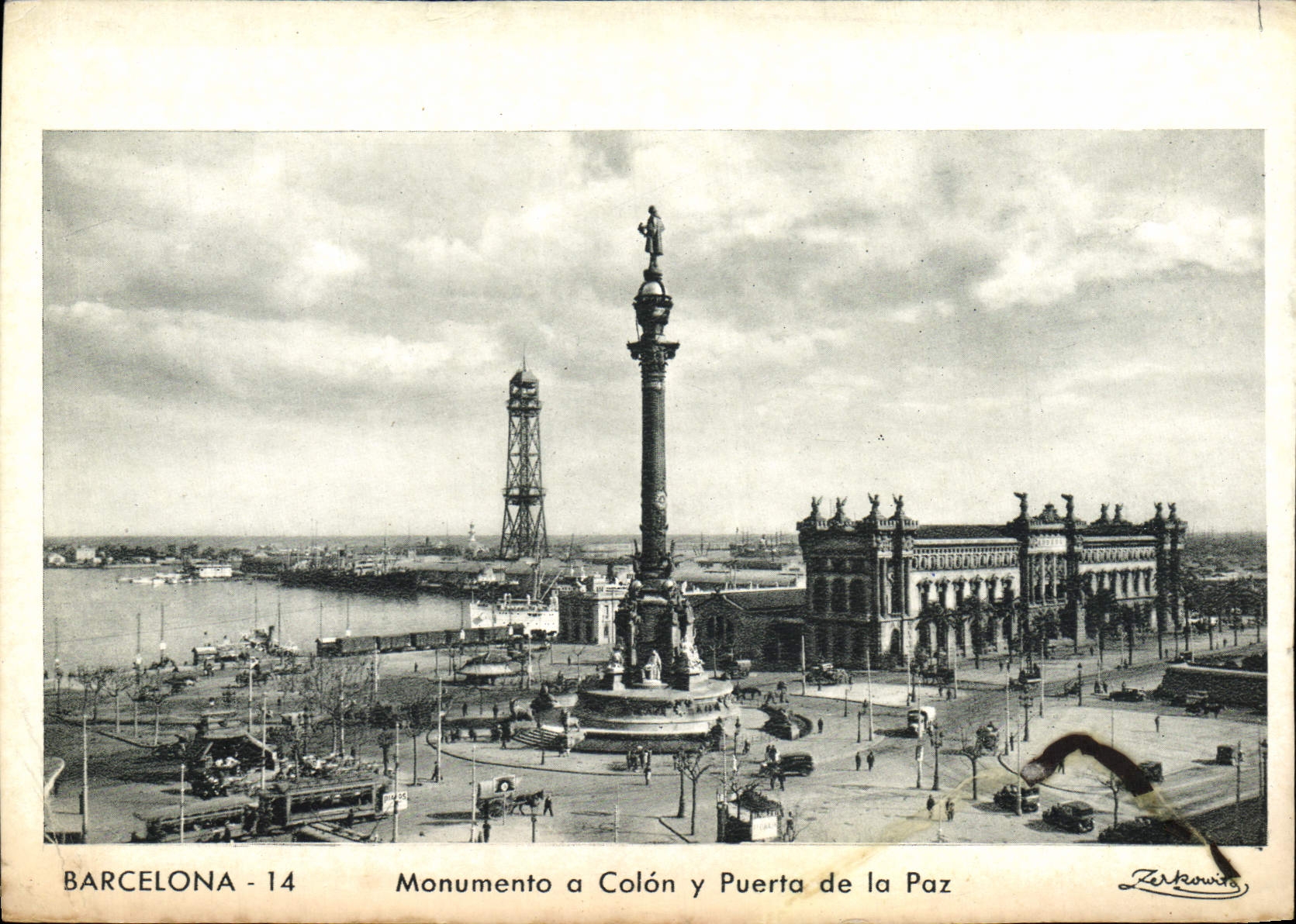 VINTAGE POSTCARD Barcelona Monumento has Colon there Puerte of Paz