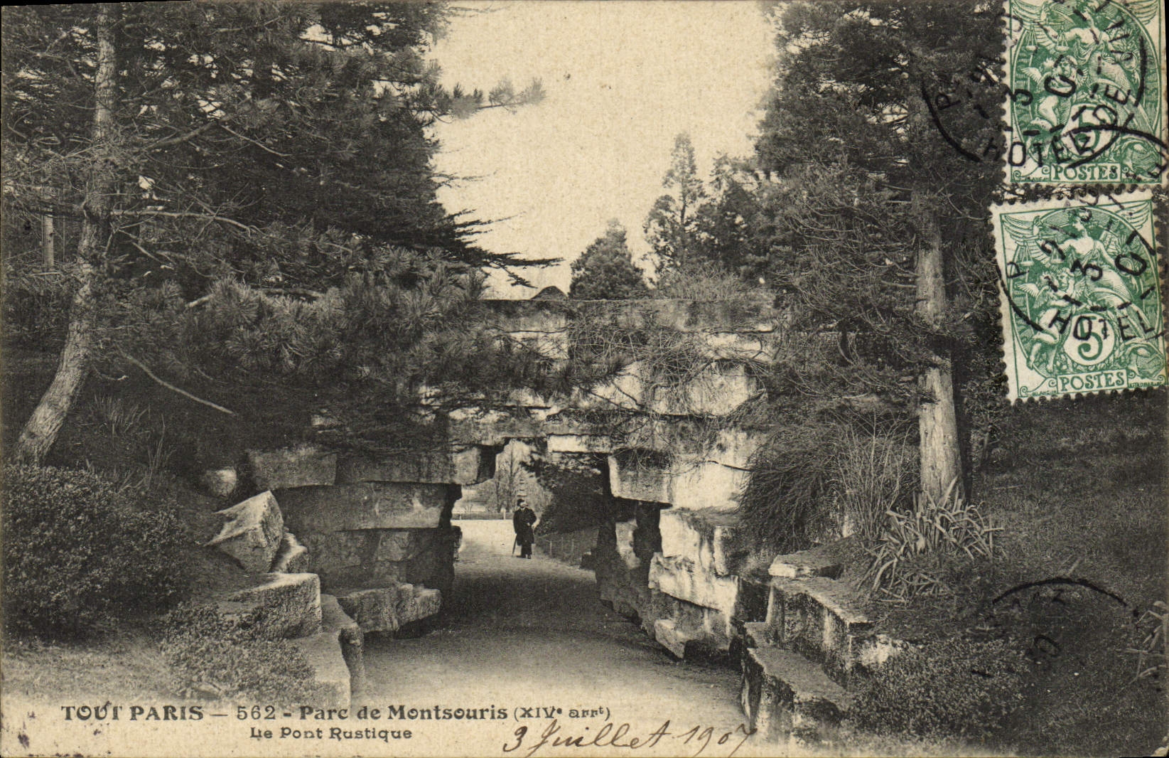 VINTAGE POSTCARD Paris Park of Montsouris the rustic bridge