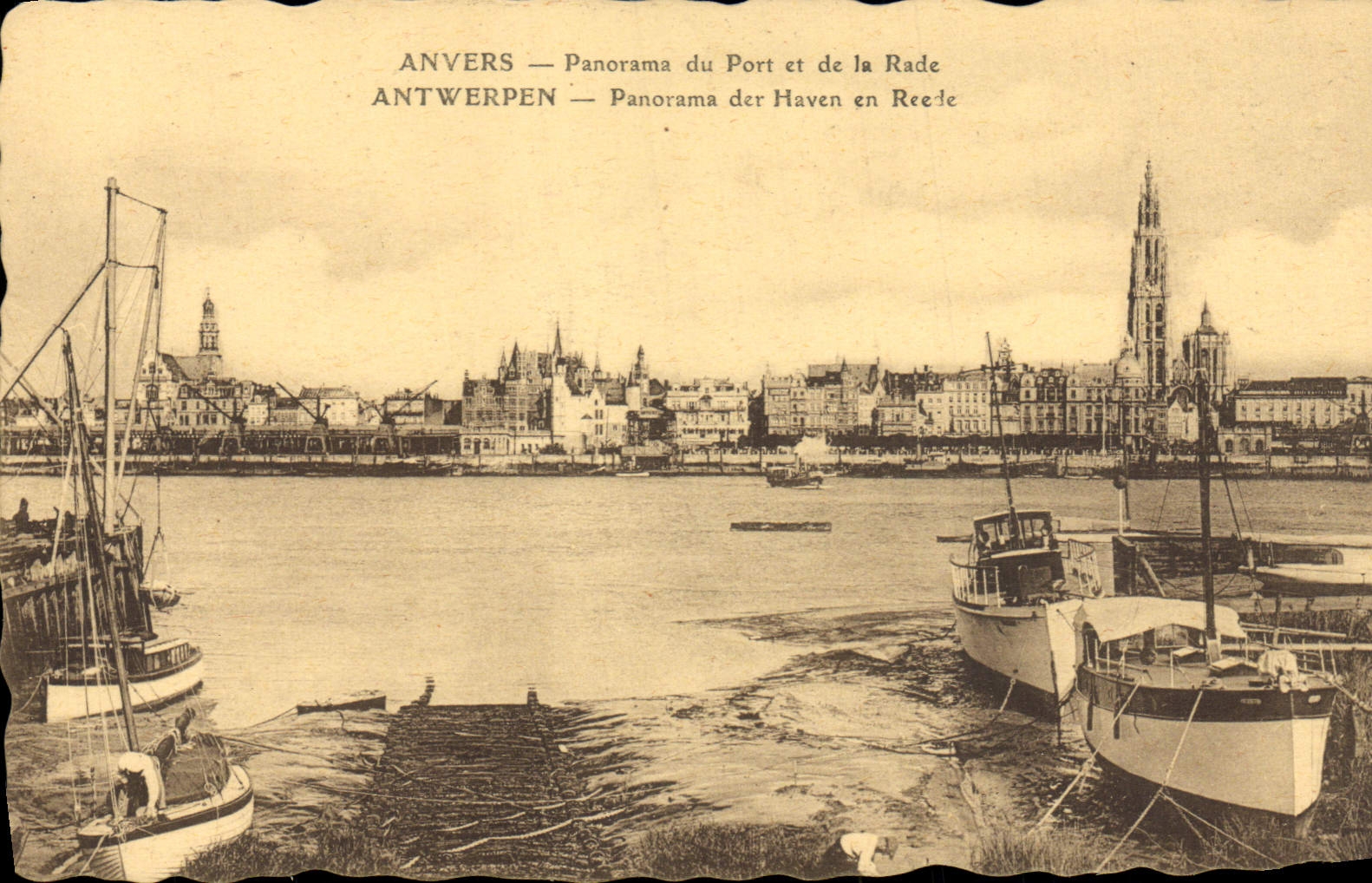 Panorama de Amberes de la POSTAL de la VENDIMIA del puerto y de los barcos de los caminos